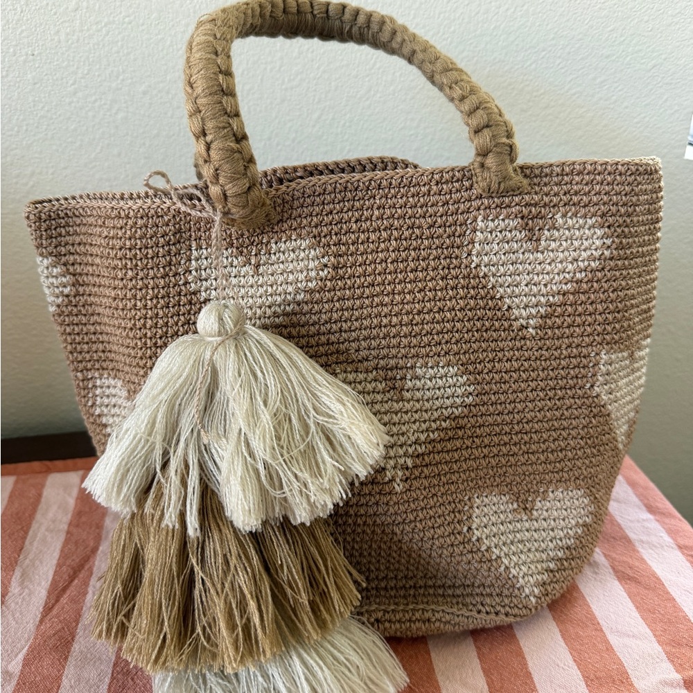 Woven Heart Tote Bag in Tan and Cream — Stylish Handbag